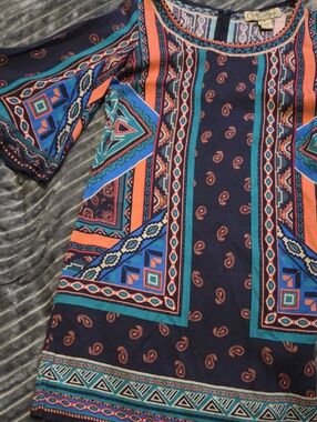 Flying Tomato Navy Short Sleeve Shirt with Orange & Teal Geometric Print